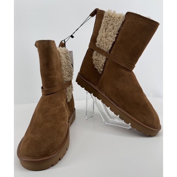 Zara Shoes - ZARA NWT Cozy Shearling Lined Suede Ankle Boots Chestnut Brown Moto Buckle Sz 9